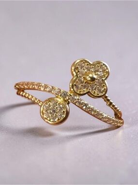 14K Gold Tone Pave Flower & Disc Ring - Elegant Women's Jewelry size 6.5